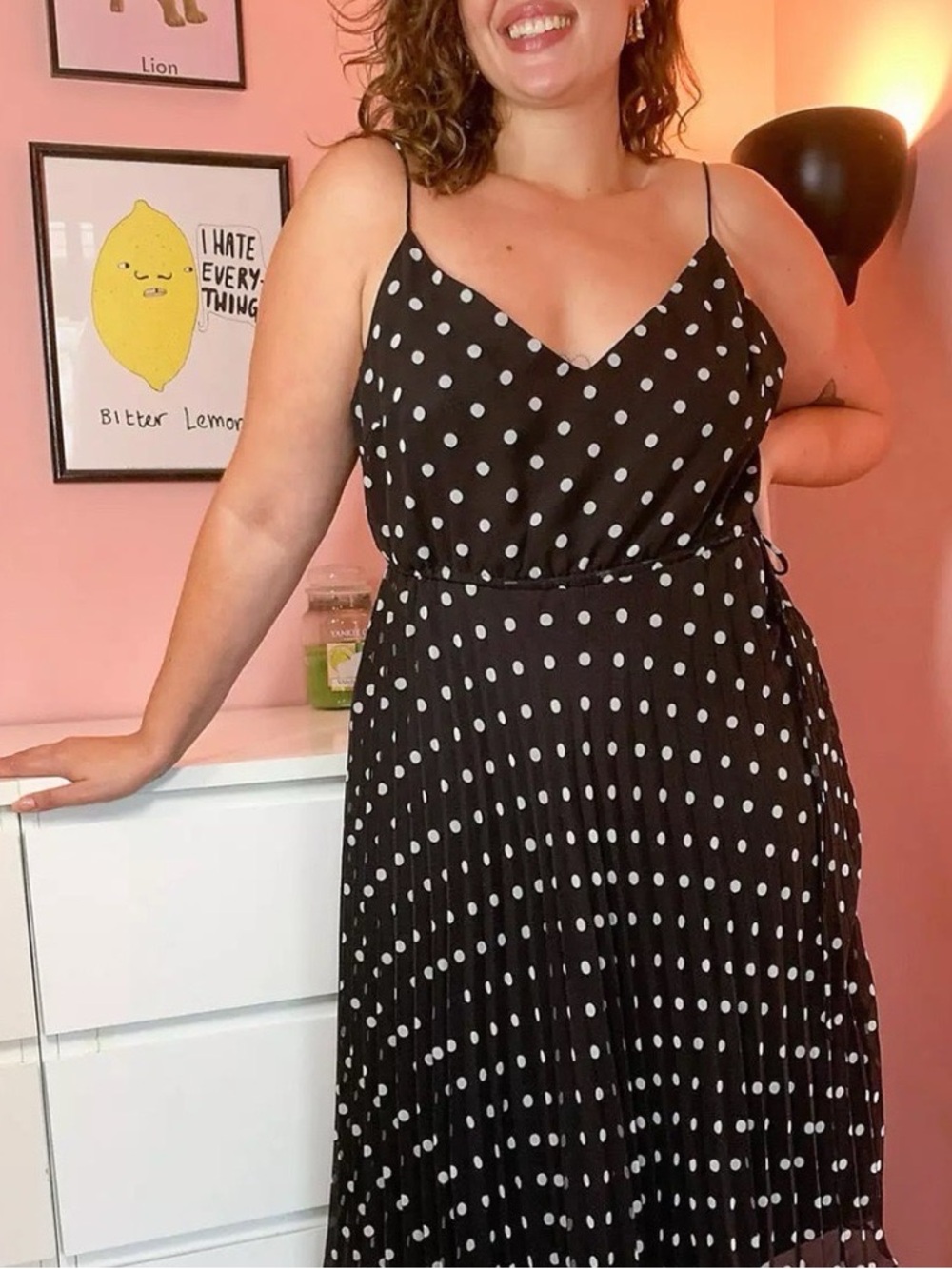 ASOS Curve Pleated Cami Midi Dress with Drawstring Waist in Polka Dot Size 14